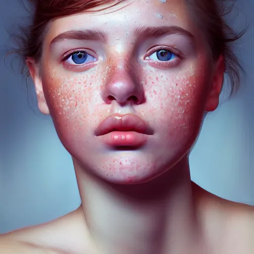 Image similar to beautiful hyperrealism hyperdetailed selfie of a cute young woman, flushed face, red blush, light freckles, puffy lips, soft features, 8 k, sharp focus, art by irakli nadar