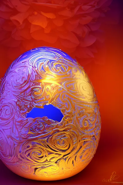 Image similar to a detailed glowing egg with swirls of red and blue emerging from the blossom of a metallic gold flower with tendrils of gold wrapping around the egg, an egg sitting on a rose made out of silver and gold, fantasy concept art, unreal engine 5, volumetric lighting, trending on artstation