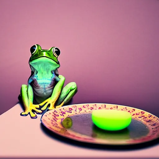 Prompt: frog levitating above the plate on a table with simple food, polaroid photography in style of andrey tarkovski, light caustics, iridescence, paranormal, spiritual, mystical, sublime