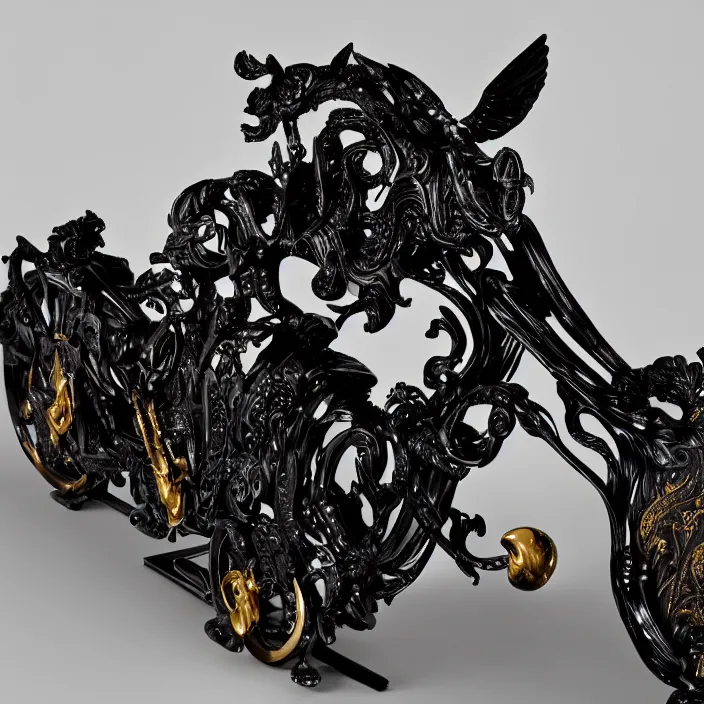 Image similar to fine art statue of masculine black egyptian god on a surrealist motorcycle, ebony art deco, carved black marble, inlaid with ebony and gold accents, ebony rococo, wings black lace wear, by spider zero, zaha hadid, beautifully lit, hyper detailed, intricate, elite, ornate, photorealistic, micro details, ray trace