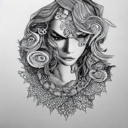 Image similar to escapism, detailed intricate sketch, 4k, illustration, cross hatched, black ink on white paper