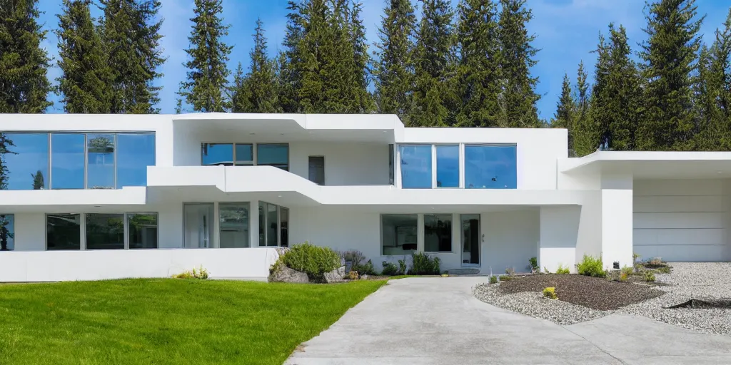 Prompt: large modern residence, white concrete, large windows, blue pipes, yellow metal, triangular features, Washington State