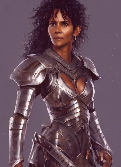 Image similar to portrait of halle berry as a legendary knight warrior, au naturel, hyper detailed, digital art, trending in artstation, cinematic lighting, studio quality, smooth render, unreal engine 5 rendered, octane rendered, art style by klimt and nixeu and ian sprigger and wlop and krenz cushart.