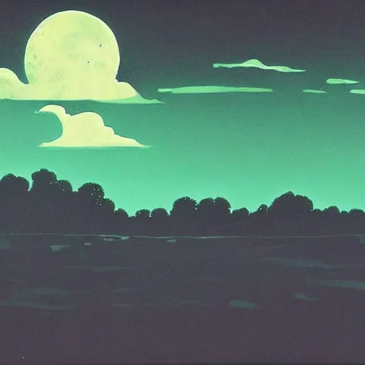 Image similar to plantation, bayou, heavy ink, moon in sky encircled by clouds, cool color palette, green!!!!, mike mignola