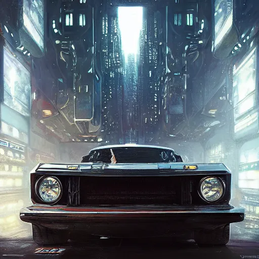 Image similar to full view of a car, intricate, elegant, highly detailed, digital painting, concept art, smooth, sharp focus, art style from Wang Ke and Greg Rutkowski and Bruce Kaiser and Scott Robertson and Dmitry Mazurkevich and Doruk Erdem and Jon Sibal, small style cue from blade runner