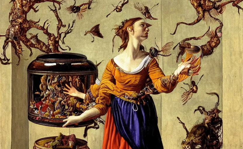 Prompt: a painting of pandora opening her jar, releasing monsters and critters that impersonate sickness and death, misery, she is fully dressed she is wearing robes in the style of realism and a masterpiece by artemisia gentileschi, critters flying around