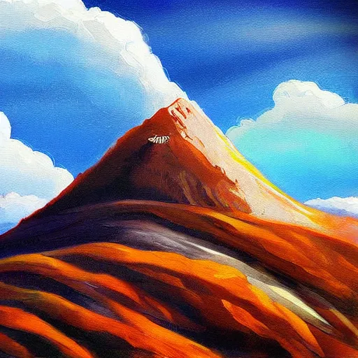 Prompt: Mountain, cloud ring at the tip, large, beautiful painting, digital art, illustration