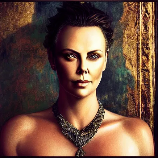 Image similar to “ majestic gracious regal deity charlize theron portrait, ancient greece, atmospheric lighting, painted, intricate, volumetric lighting, beautiful, rich deep colours masterpiece, golden hour, sharp focus, ultra detailed, by kai carpenter ”