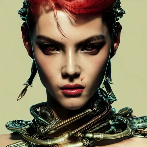 Image similar to the portrait of an absurdly beautiful, graceful, elegant, sophisticated, fashionable cyberpunk gravure idol, an ultrafine hyperdetailed illustration by kim jung gi, irakli nadar, intricate linework, bright colors, porcelain skin, unreal engine 5 highly rendered, global illumination, radiant light, detailed and intricate environment