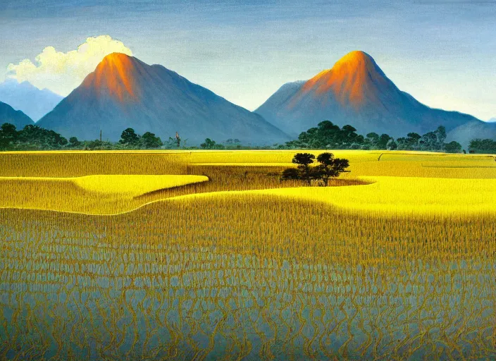 Image similar to painting of a rice paddy with two big mountains in the background, an asphalt road in the middle of paddy, big yellow sun rising between the mountain, old master masterpiece