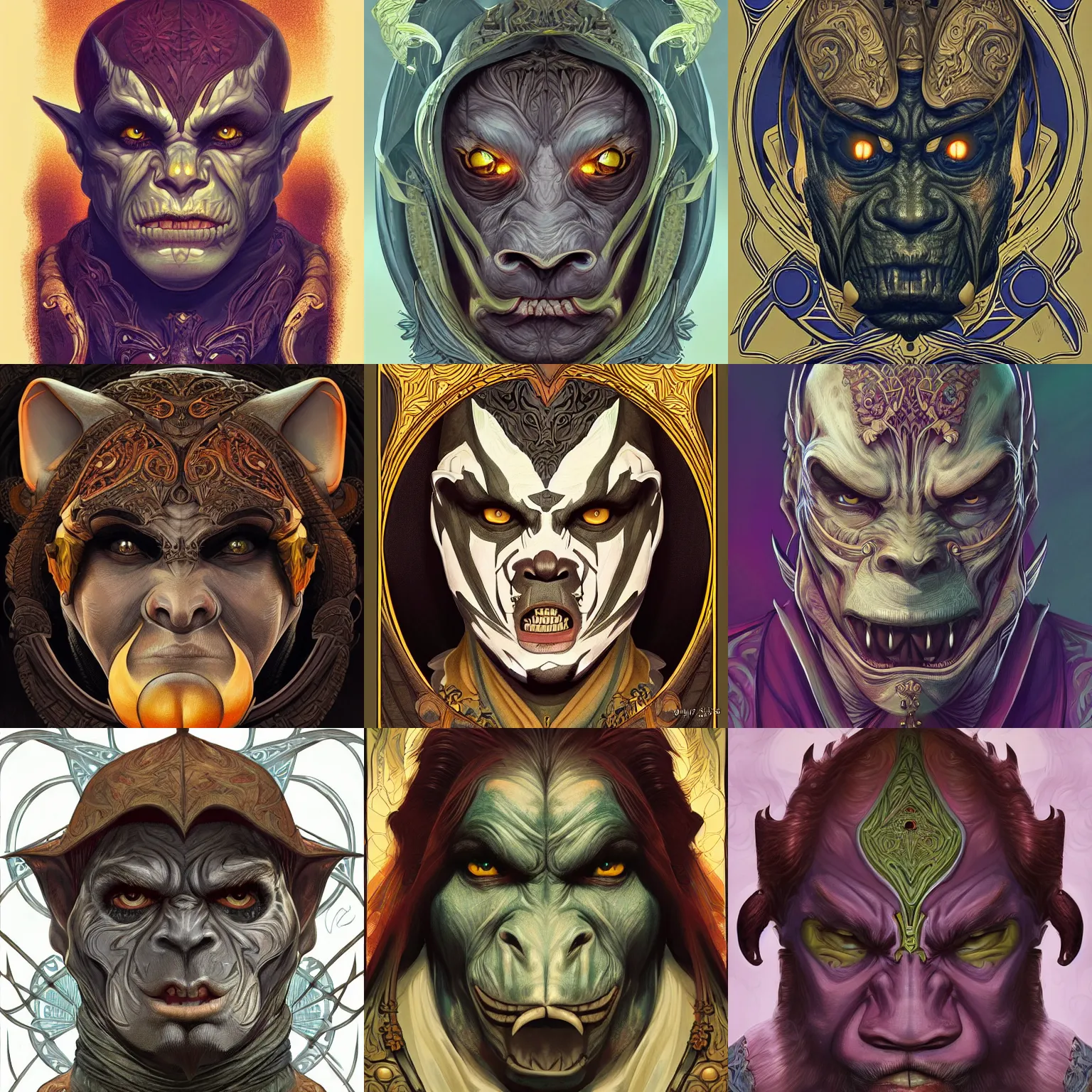 Prompt: head-on symmetrical centered painted portrait, male orc imp rogue, art nouveau, fractal tarot card style, masterpiece, fantasy, intricate, elegant, highly detailed, smooth, sharp focus, illustration, artstation, in the style of Artgerm and Anna Podedworna and Alex Ross and Mucha