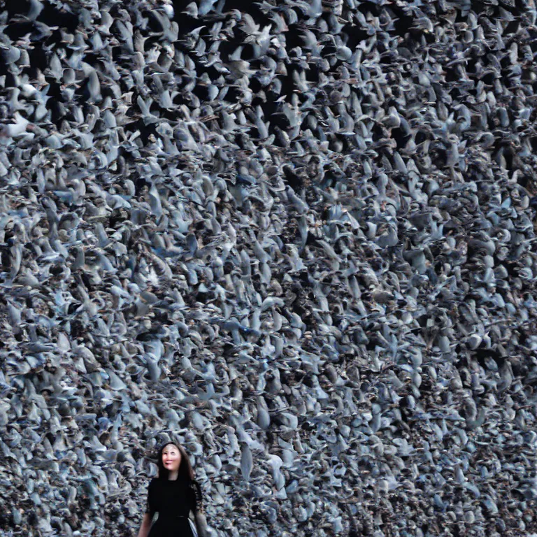 Prompt: “woman wearing a dress that is turning into a flock of pigeons, high fashion, detailed photo, 4K HD, set in NYC”