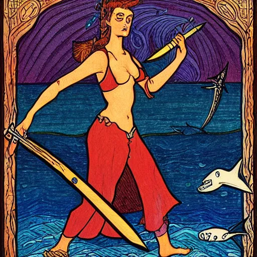 Image similar to a shark woman with melee weapons by ivan bilibin