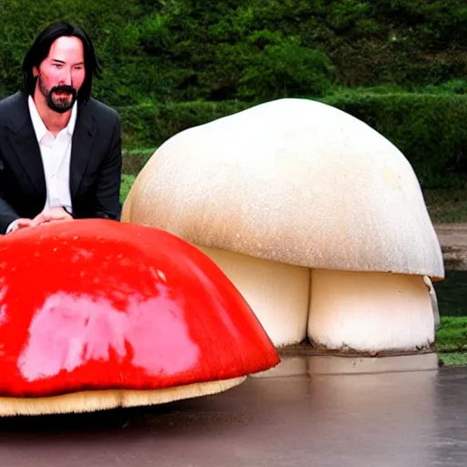 Prompt: Keanu Reeves sitting on a giant mushroom