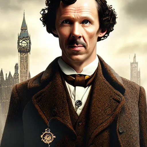 Image similar to portrait of sherlock holmes wearing a steampunk mechanical monacle, matte painting, 4 k, ultra detailed