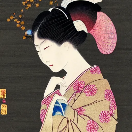 Image similar to geisha girl by ikenaga yasunari and ayana otake and ko rakusui, drawing, realistic, sharp focus, japanese, dreamy, nostalgia, faded, golden hues, floral clothes