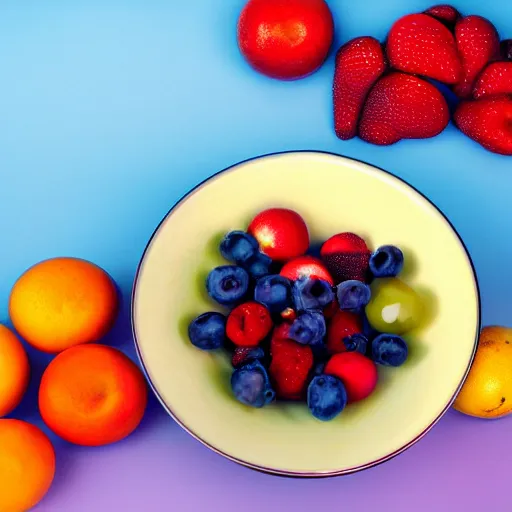 Prompt: A still life of a bowl of fruit on a table. The fruit is floating in the air and the bowl is levitating off the table. The background is a gradient of blues