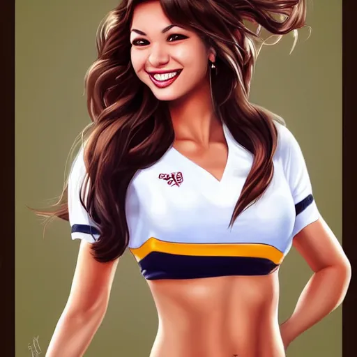 Prompt: cheerleader with brown hair smiling, by artgerm