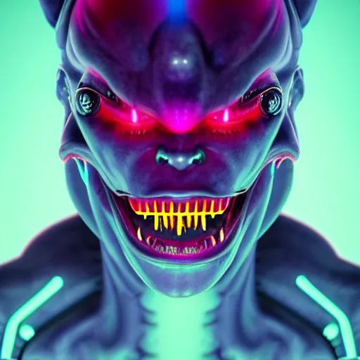 Image similar to synthwave demonic alien face with neon tattos, detailed face, sharp focus, synthwave art, aesthetic, octane render, raw, cinematic, colorful