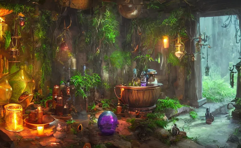 Image similar to interior of a witch's shot, bottles of potions, a large cauldron with bubbles, lush vegetation, artstation, concept art by peter chan, colorful lighting