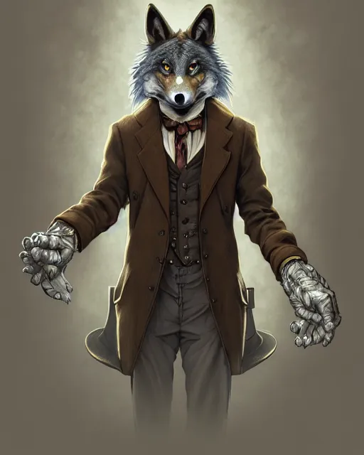 Image similar to anthropomorphic art of a detective wolf, victorian inspired clothing by artgerm, victo ngai, ryohei hase, artstation. fractal papersand books. highly detailed digital painting, smooth, global illumination, fantasy art by greg rutkowsky, karl spitzweg