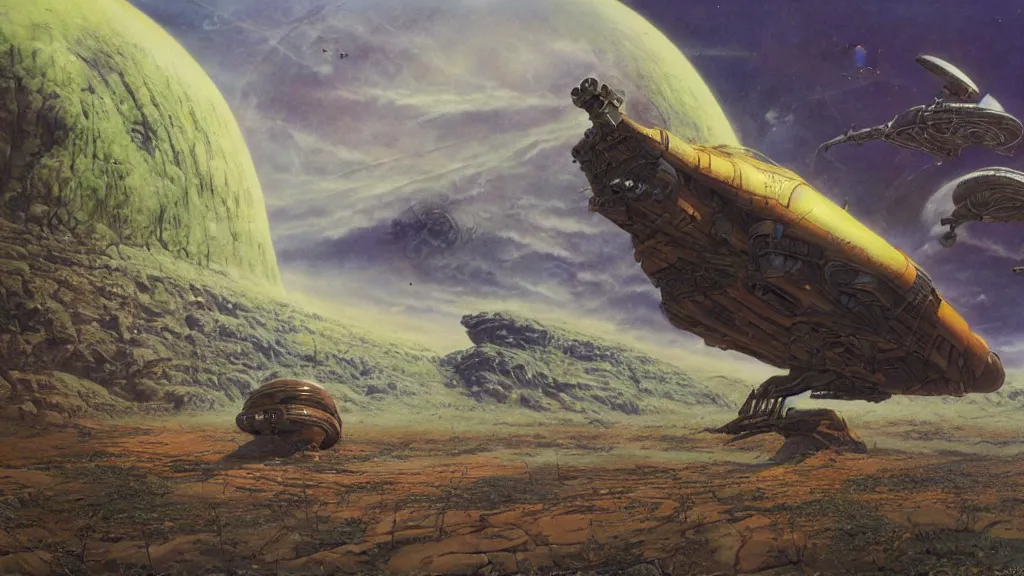 Image similar to organic dropship lander by michael whelan and bernie wrightson, epic cinematic matte painting