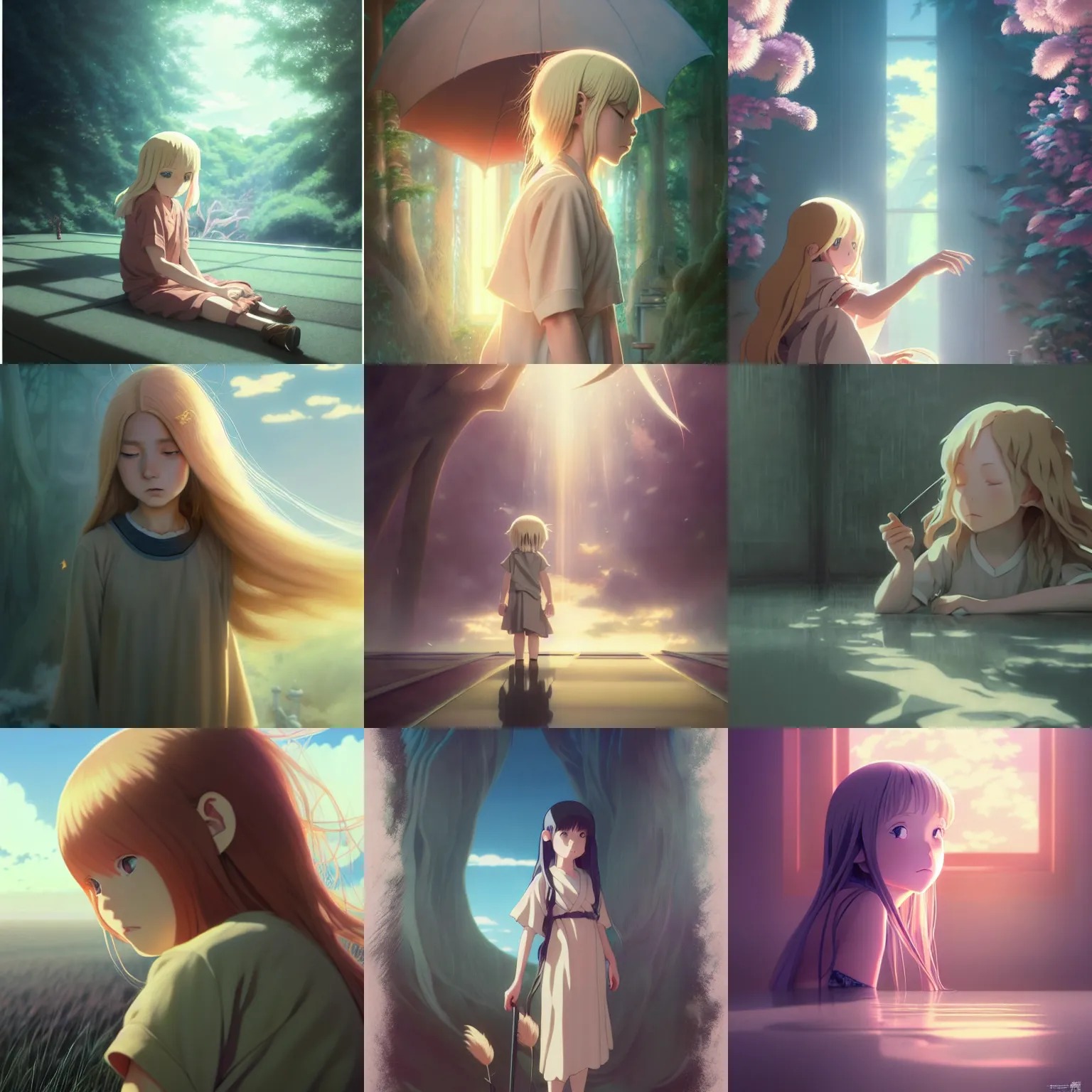 Prompt: studio ghibli, by tom bagshaw and ilya kuvshinov, rtx rendering, absurdly long blonde hair, hair down to floor, child, octane render 1 2 8 k, maya, extreme high intricate details by wlop, digital anime art by ross tran, medium shot, composition by sana takeda, dramatic lighting by greg rutkowski