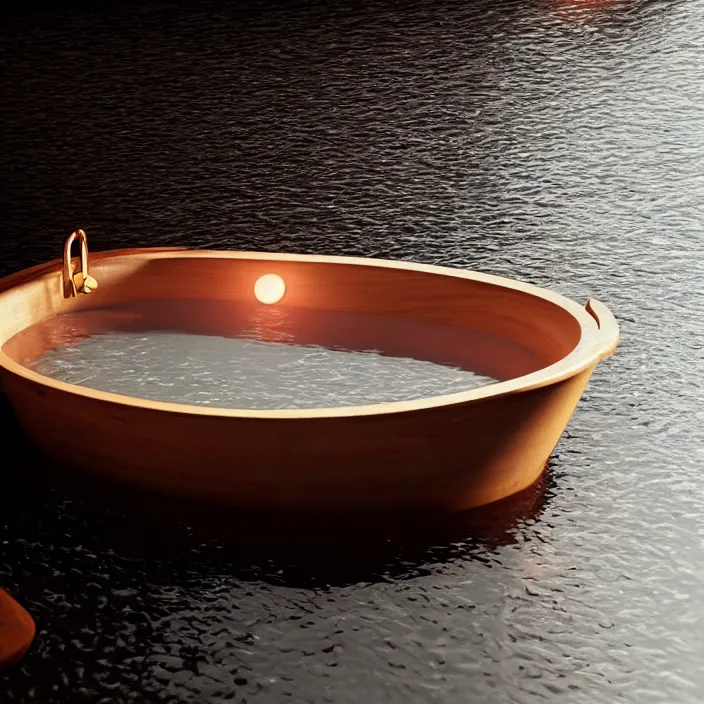 Prompt: a nymp swimming in a wooden tub while it's blood moon, au naturel, digital art, trending in artstation, cinematic lighting, studio quality, unreal engine 5 rendered