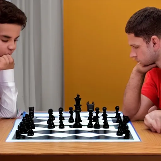 Image similar to felipe neto and magnus carsen playng chess, detailed 4 k