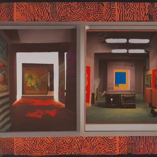 Image similar to a photographic three color screen print of an exhibition room with an arrangement of elements, anthropological conceptual object, tribalism, animism, grain, shades