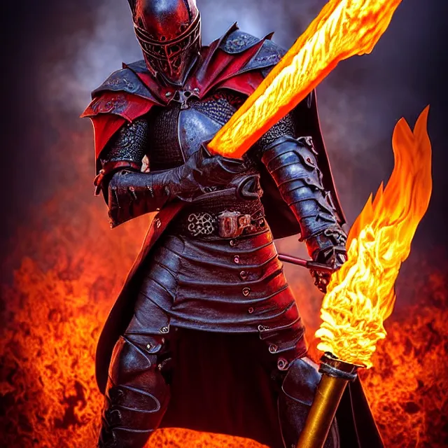 Image similar to hell knight with a flaming sword, highly detailed, 4 k, hdr, smooth, sharp focus, high resolution, award - winning photo, anne stokes, photorealistic