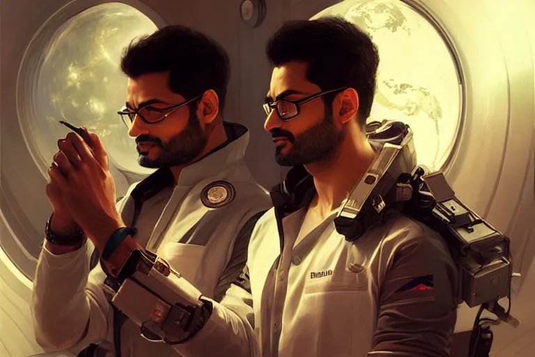 Image similar to Sensual good looking pale young Indian doctors wearing Deus Ex clothing in a space station above Earth, portrait, elegant, intricate, digital painting, artstation, concept art, smooth, sharp focus, illustration, art by artgerm and greg rutkowski and alphonse mucha