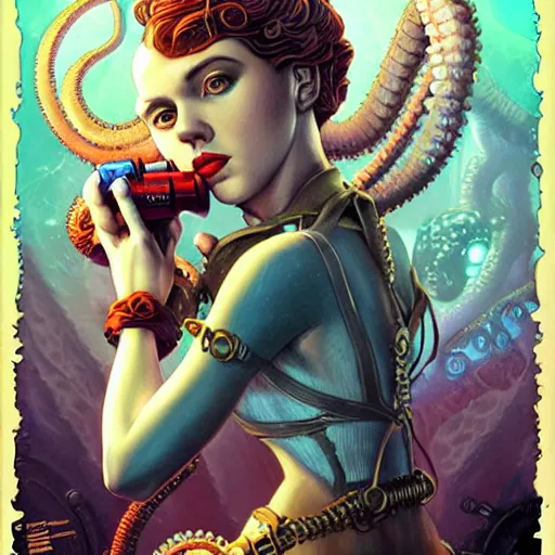 Image similar to lofi underwater bioshock steampunk lovecraft lovecraftian portrait of scarlett johansson, octopus, Pixar style, by Tristan Eaton Stanley Artgerm and Tom Bagshaw.