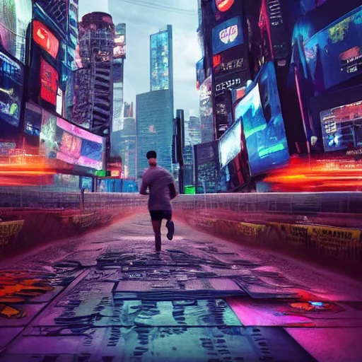 Prompt: people running away scared from cryptocurrency city, bitcoin evil, cyberpunk art ultrarealistic 8k