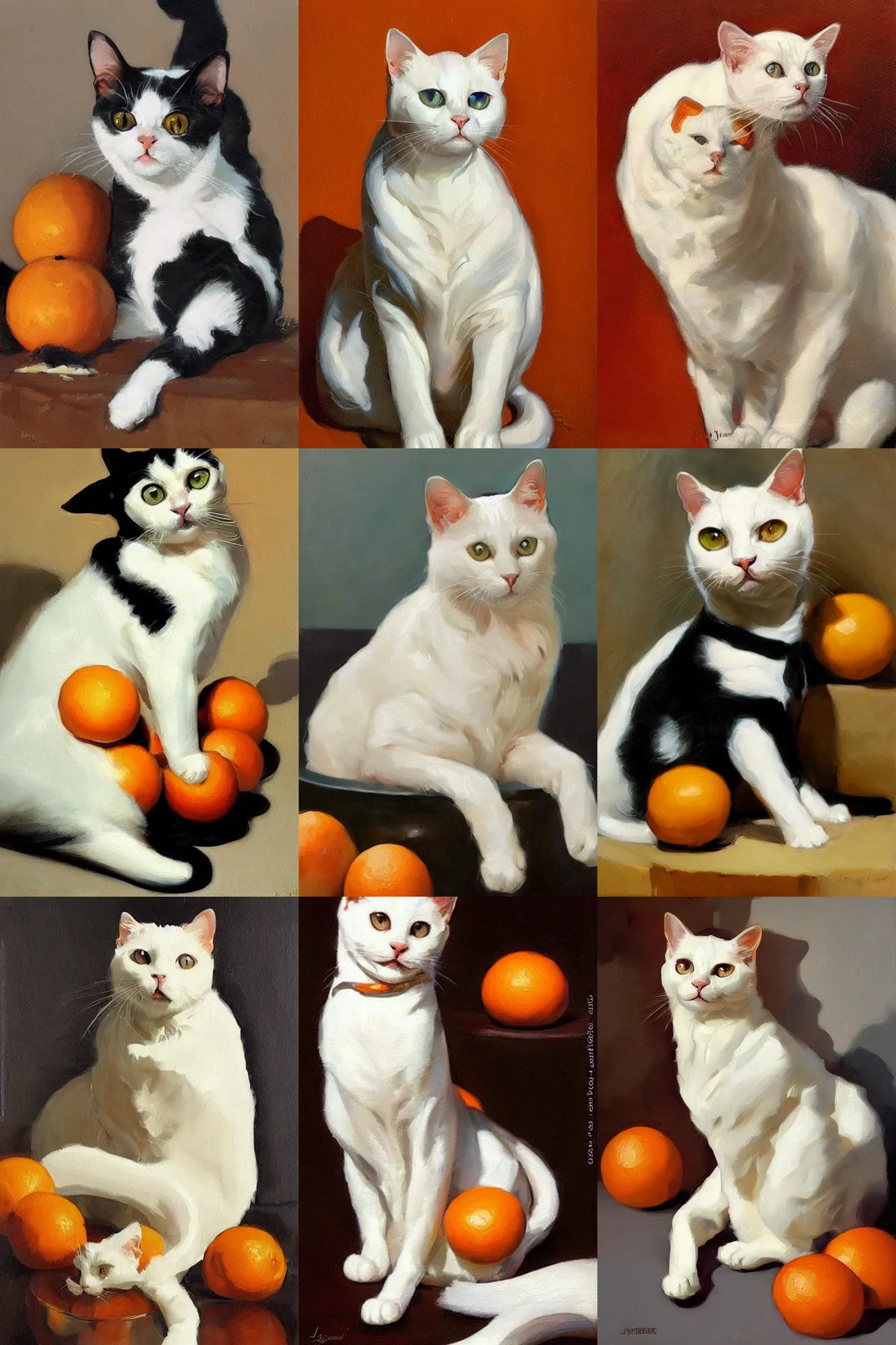 Prompt: cute white cat with orange fruits, painting by jc leyendecker!! phil hale!, angular, brush strokes, painterly, vintage, crisp