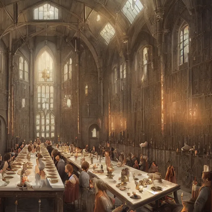 Prompt: interior view of hogwarts dining hall by tom bagshaw