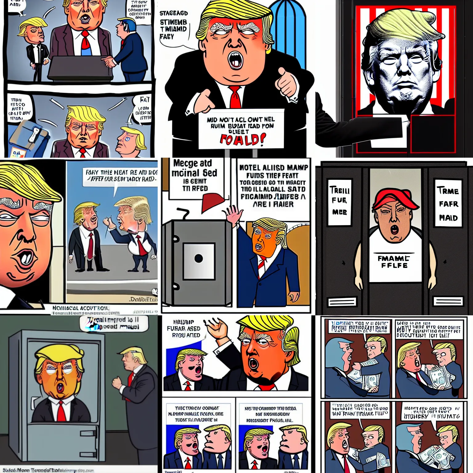 Prompt: donald trump is scared and crying while raided by fbi, metal safe is hanging open with money and blackmail stuffed inside, political cartoon style, fat and sweaty face, tiny hands, highly detailed