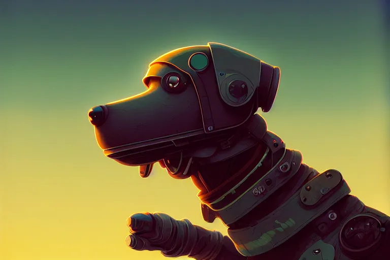 Prompt: futuristic scavenger dog, close up, quint buchholz, wlop, dan mumford, artgerm, liam brazier, peter mohrbacher, raw, featured on artstation, octane render, cinematic, rugged, intricate, 8 k