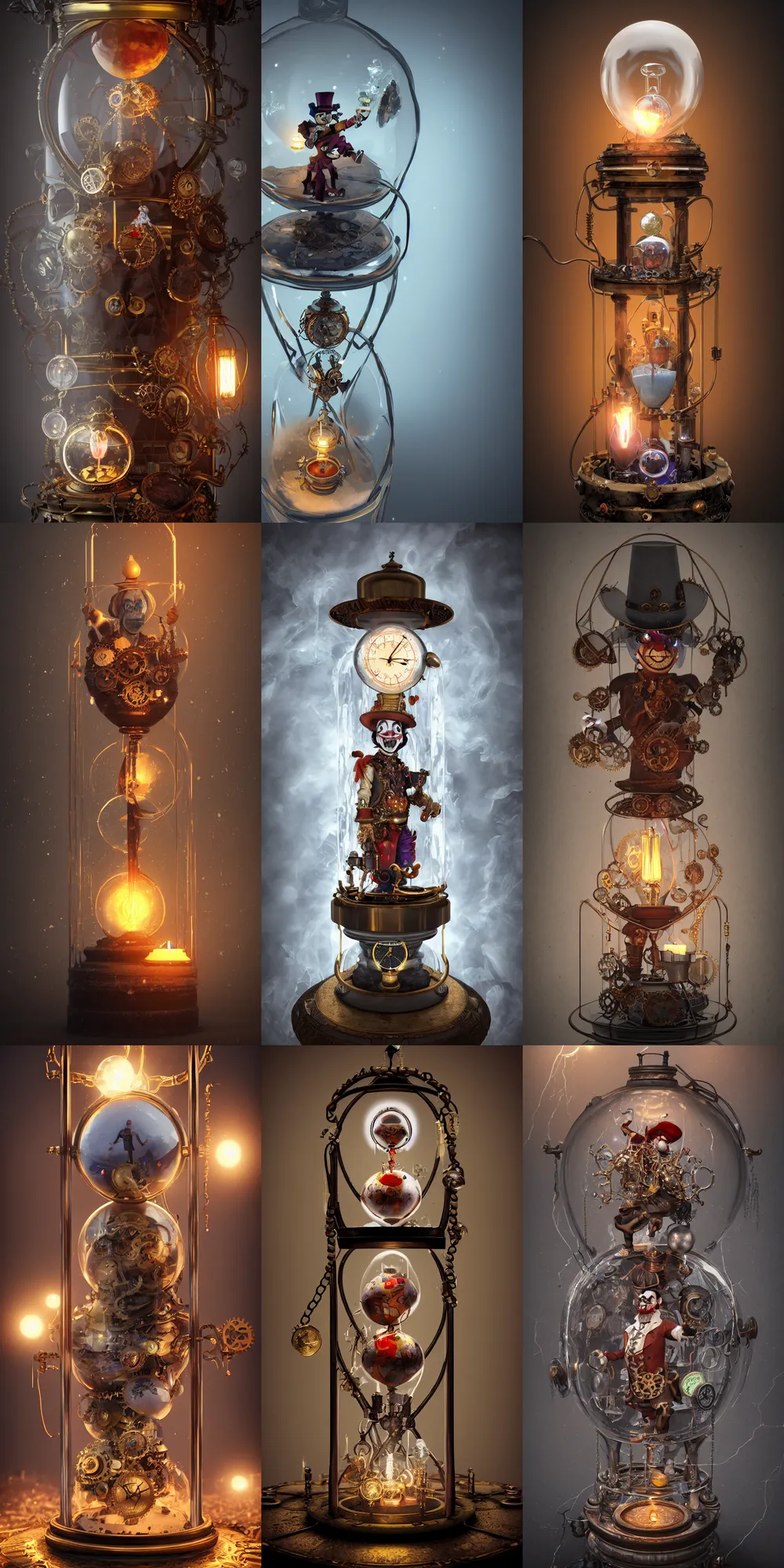 Prompt: steampunk clown inside a marble, hourglass, lightning, intricate detail, volumetric lighting, epic composition, hyper detailed, ultra realistic, sharp focus, octane render, candle, volumetric, ray tracing, artstation trending, cgsociety, sense of awe, swirling mist, 4 k