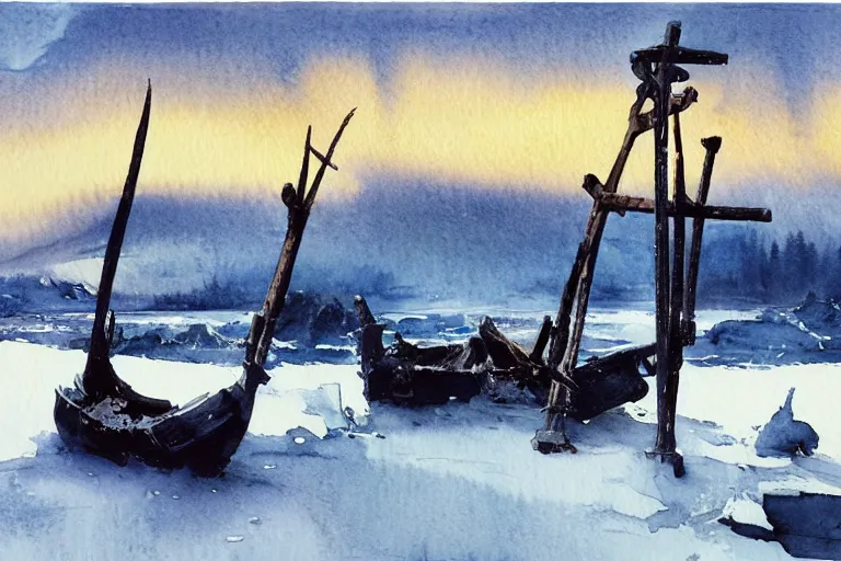 Image similar to small centered on watercolor paper, paint brush strokes, abstract watercolor painting of ancient viking wreck skeleton in frozen lake, daylight, blue sky, cinematic light, national romanticism by hans dahl, by jesper ejsing, by anders zorn, by greg rutkowski, by greg manchess, by tyler edlin