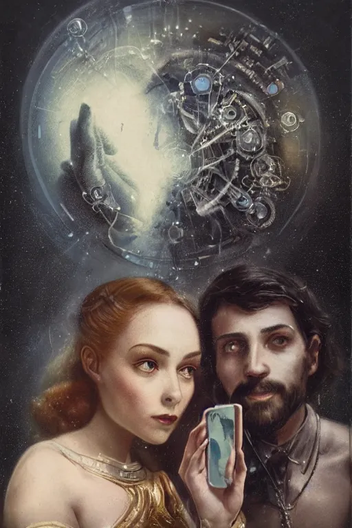 Prompt: a beautiful ultradetailed vintage photo of two cyborgs facing away from each other and looking at their cellphones, by tom bagshaw and anna dittman, couples portrait, vignette, 3 5 mm lens, golden ratio composition, detailed faces, studio photography, very detailed, humanoids, industrial robots, artstation, 8 k, highly coherent