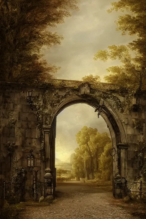 Image similar to beautiful digital painting high quality heavy iron gothic gate in the woods cobblestone ground by Bernardo Bellotto, artstation behance