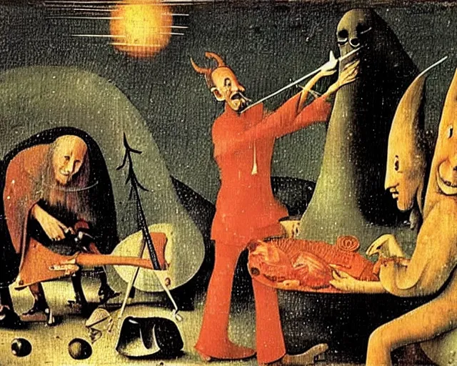 Prompt: a hieronymous bosch painting of barry chuckle faking the first meat planet landings in a sound stage in nevada