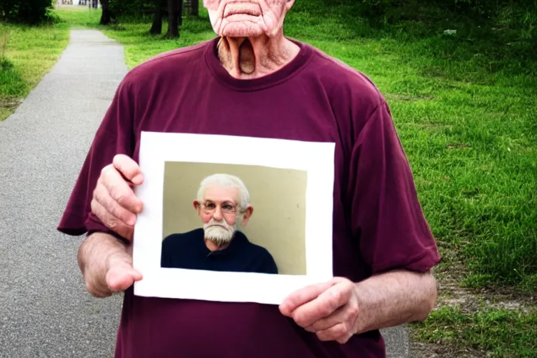 Image similar to young man holding a photograph of him as a old man