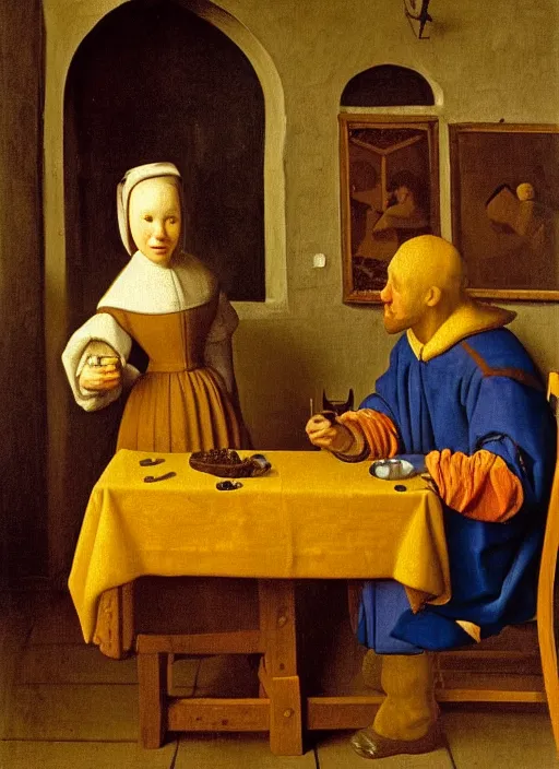 Image similar to young man at the table with young pretty blonde girl at the crowded tavern in the evening. medieval painting by jan van eyck, johannes vermeer