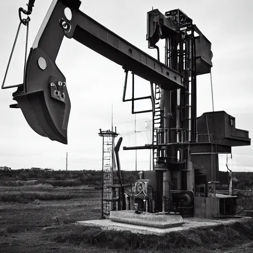 Prompt: large oil drilling machine dinosaur black and white grainy