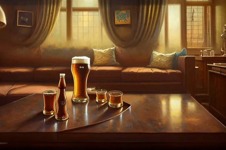 Prompt: detailed pint of beer on the coffee table in the the mid century modern livingroom. highly detailed, digital painting, artstation, concept art, smooth, sharp focus, illustration, artgerm, tomasz alen kopera, peter mohrbacher, donato giancola, joseph christian leyendecker, wlop, boris vallejo