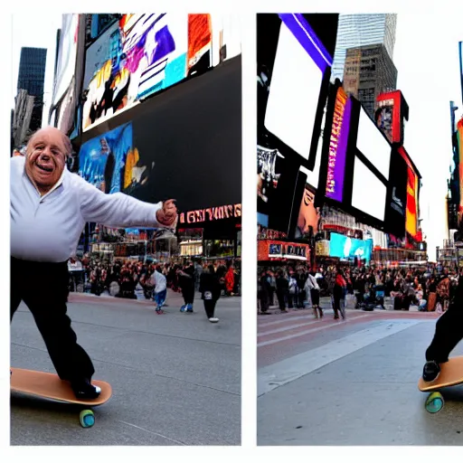 Image similar to photograph of danny devito skateboarding in times square, detailed face