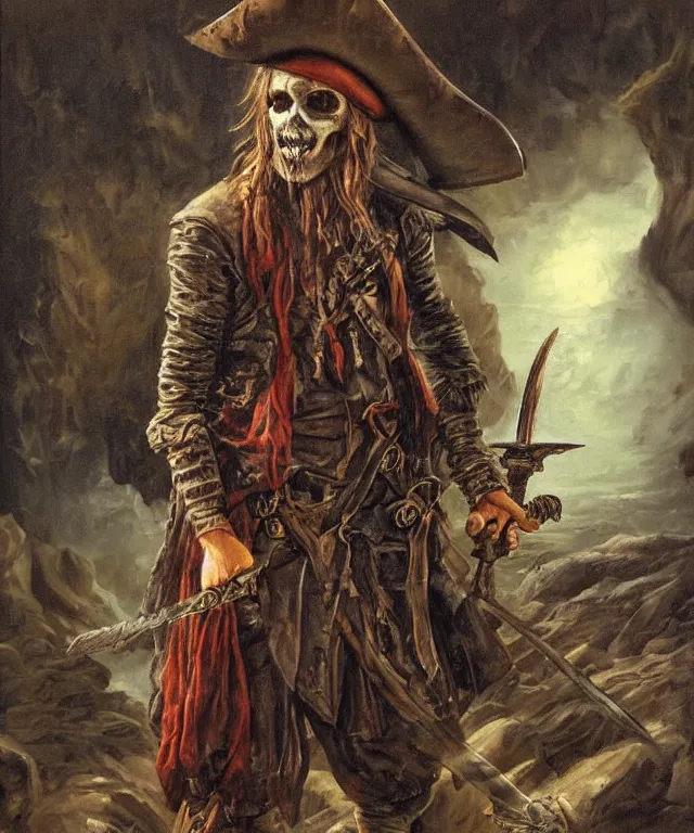 Image similar to ultra realistic color portrait painting of an undead 1 7 th century pirate with a sword in a grotto, dark, painted, brooding, atmospheric, seascape, horror, smooth, epic, highly detailed, cinematic, by clyde caldwell