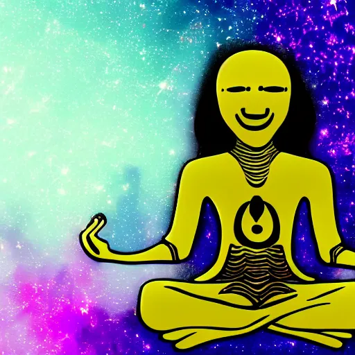 Image similar to a psychedelic hippy alien smiling and meditating, floating in space